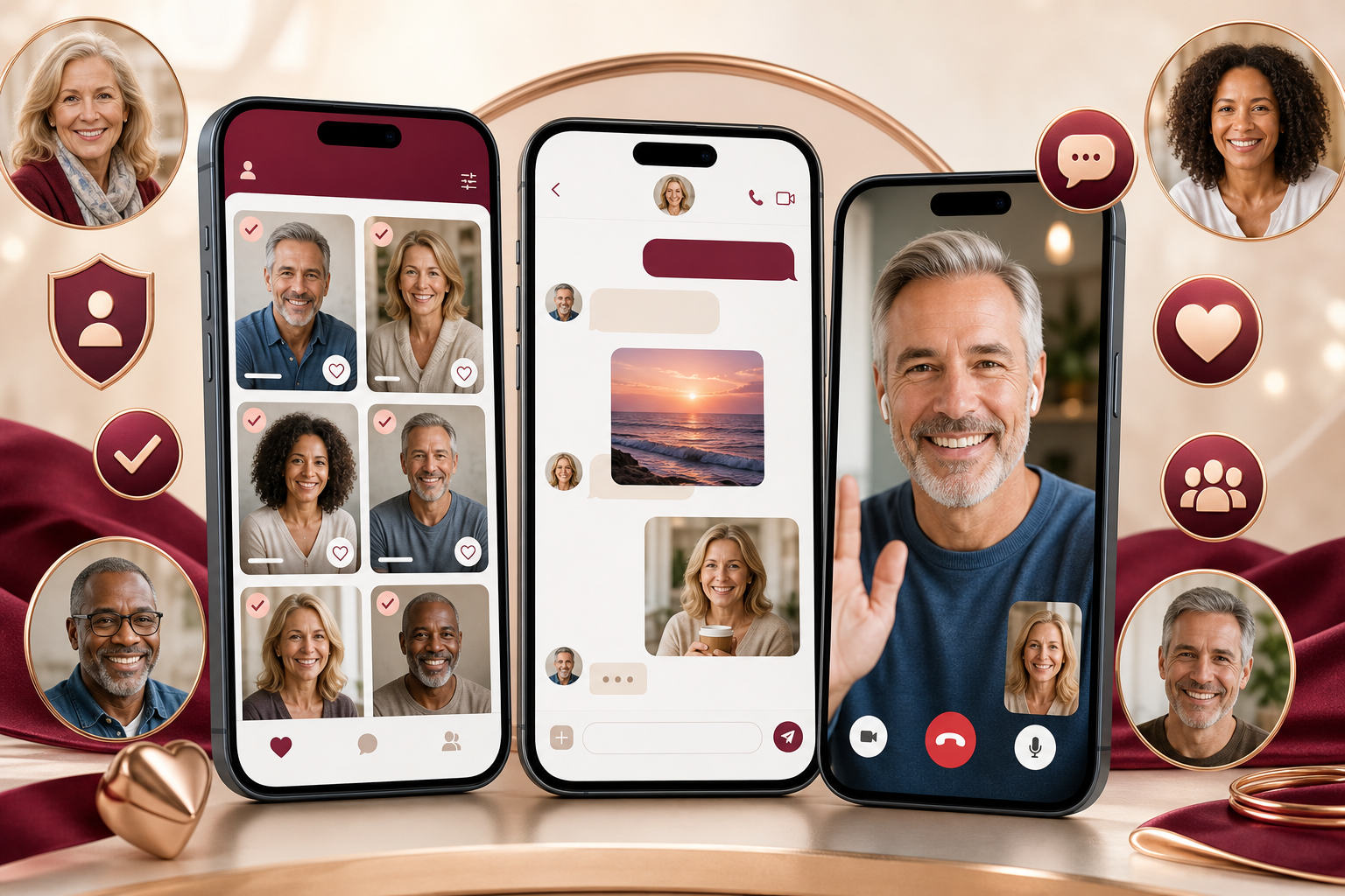 DateMyAge app screens for discovery chat and video greeting